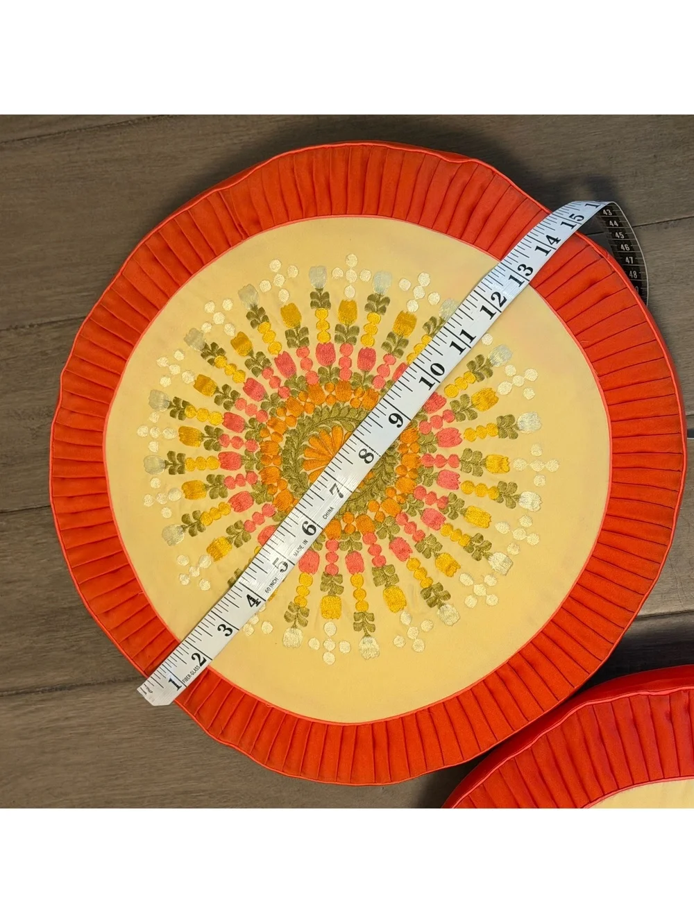 Vintage 60s 70s Embroidered Floral Round Pillows Orange Mod Boho Pair